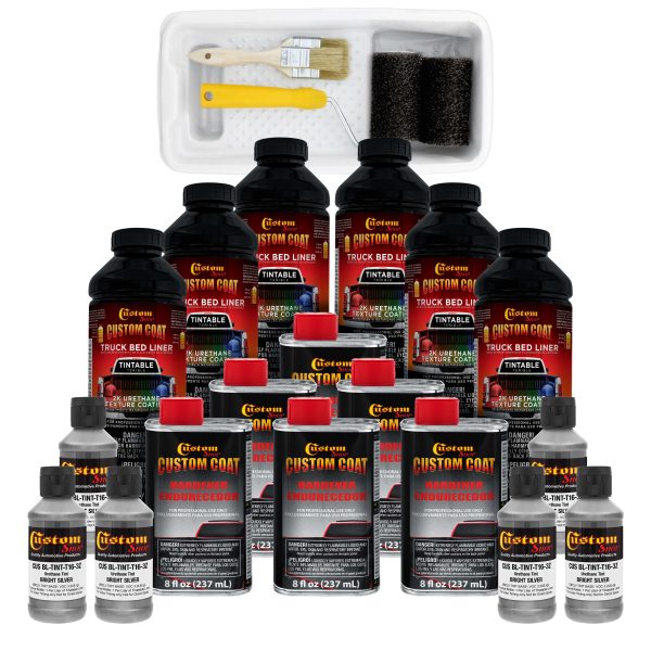 Bright Silver 1.5 Gallon (6 Quart) Urethane Roll-On, Brush-On or Spray-On Truck Bed Liner Kit with Roller and Brush Applicator Kit - Textured Coating For Sale