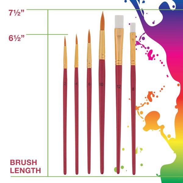 6 Piece Nylon Hair Face Painting Brush Set - 4 Round Size 2-4-6-10, 2 Flat Size 8-12 on Sale - Image 4
