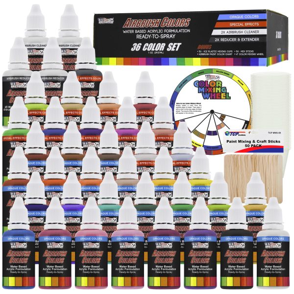 36 Color Acrylic Airbrush Paint Set; Opaque & Pearl Colors plus Reducer, Cleaner, Mixing Supplies & Color Mixing Wheel For Cheap