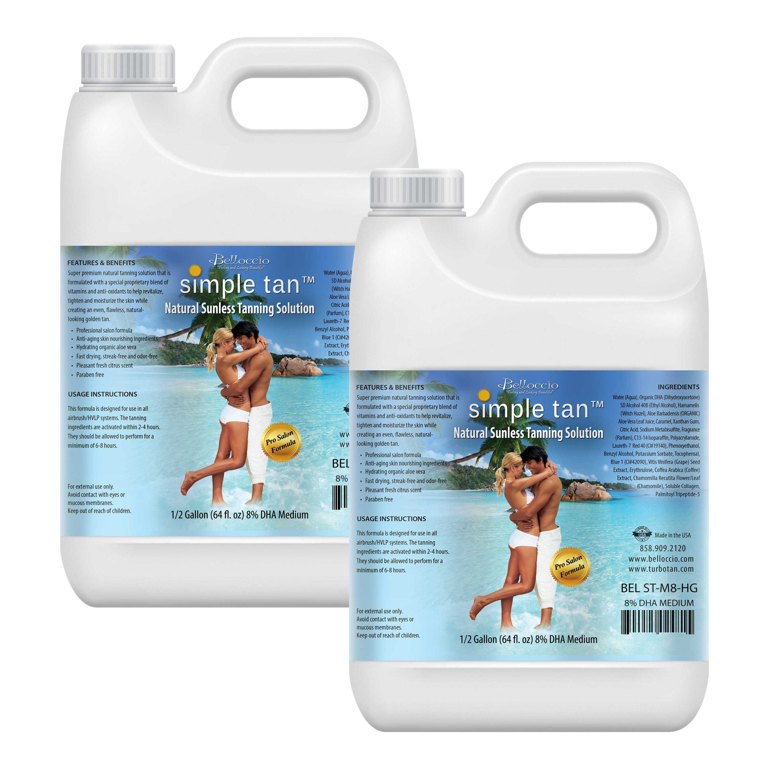 1 Gallon (2 Half Gallons) of Belloccio Simple Tan Professional Salon Sunless Tanning Solution with 8% DHA and Medium Bronzer Color Guide Sale