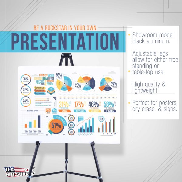 66  High Showroom Black Aluminum Display Easel and Presentation Stand (Pack of 10) - Large Adjustable Height Portable Floor and Tabletop Tripod For Sale - Image 4