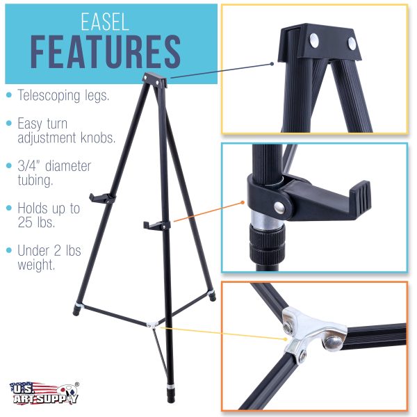 66  High Showroom Black Aluminum Display Easel and Presentation Stand (Pack of 10) - Large Adjustable Height Portable Floor and Tabletop Tripod For Sale - Image 3