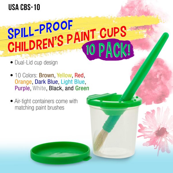 10 Piece Children s No Spill Paint Cups with Colored Lids and 10 Piece Large Round Brush Set with Plastic Handles Discount - Image 2