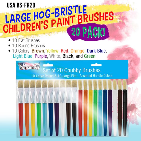 U.S. Art Supply 20-Piece Large Round and Flat Children s Hog Bristle Tempera Paint Brush Set - Fun Kid s Party, School, Student, Class Craft Painting For Sale - Image 2