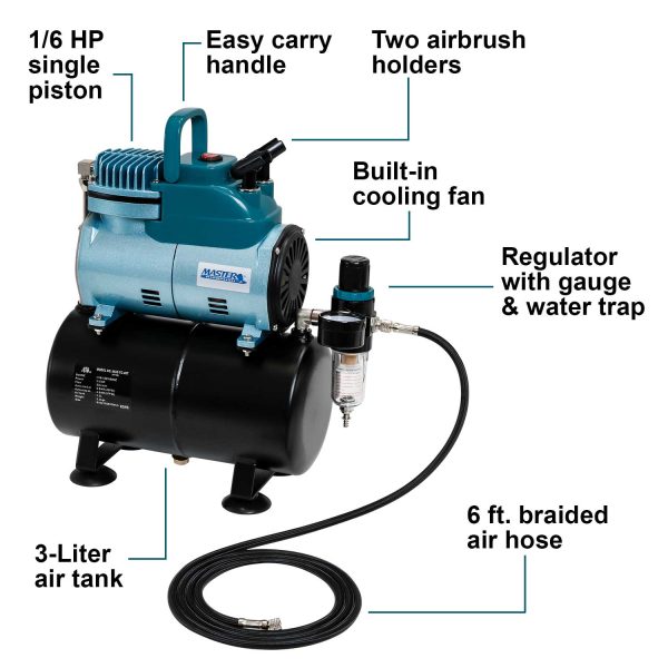 Cool Runner Professional High Performance Single-Piston Airbrush Air Compressor 3-Liter Tank, Holders, Regulator, Gauge, Water Trap Filter & Air Hose Online Sale - Image 2
