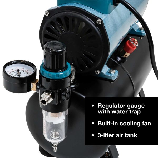 Cool Runner Professional High Performance Single-Piston Airbrush Air Compressor 3-Liter Tank, Holders, Regulator, Gauge, Water Trap Filter & Air Hose Online Sale - Image 3