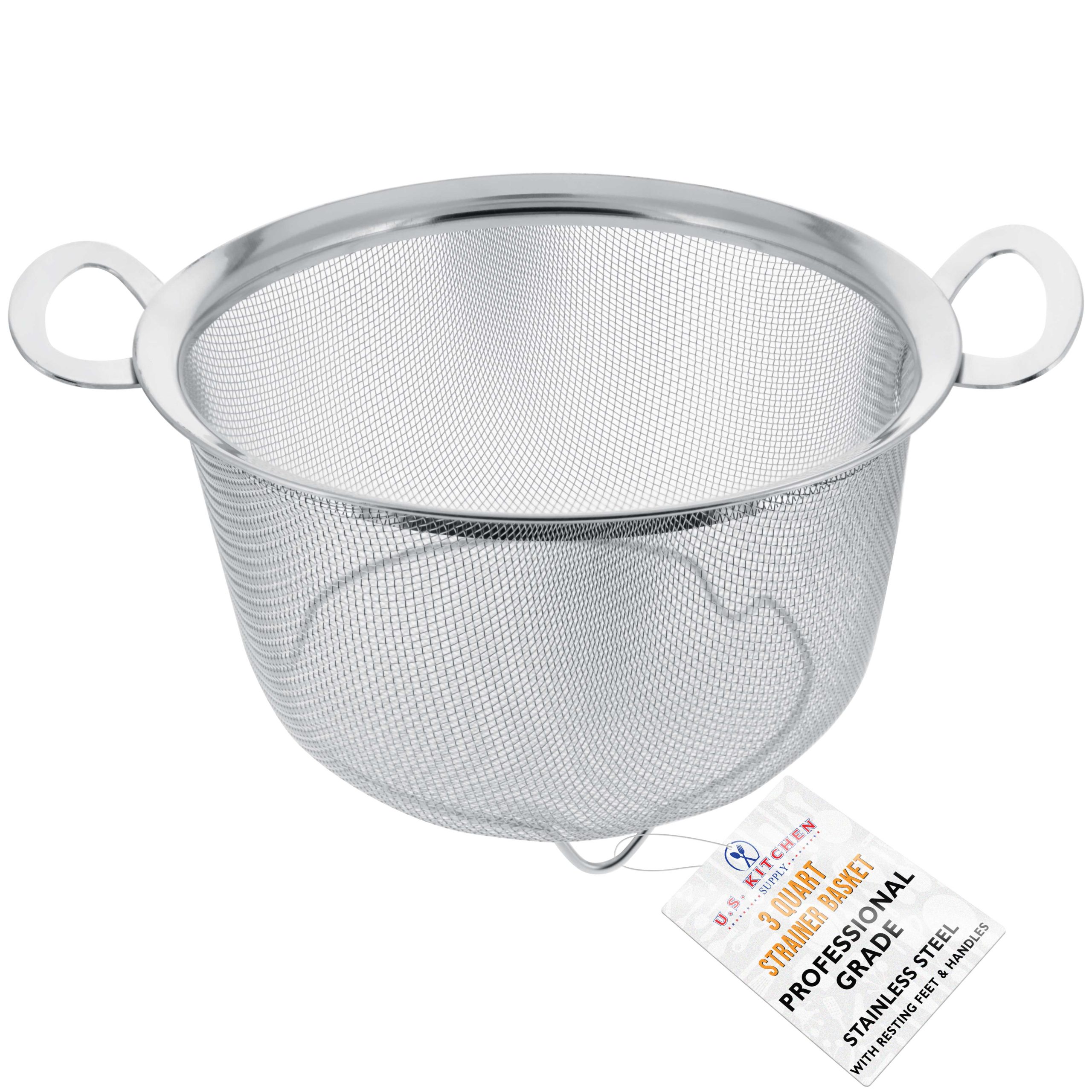 U.S. Kitchen Supply® 3 Quart Stainless Steel Mesh Net Strainer Basket – Wide Rim, Resting Feet & Handles – Colander to Strain, Rinse, Fry, Steam or Cook Vegetables & Pasta Fashion