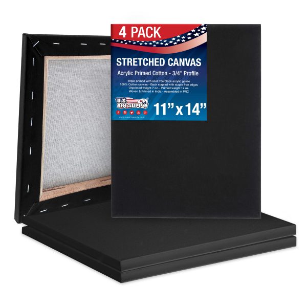 11 x 14 inch Black Stretched Canvas 12-Ounce Primed, 4-Pack - Professional Artist Quality 3 4  Profile, 100% Cotton, Heavy-Weight, Gesso For Discount